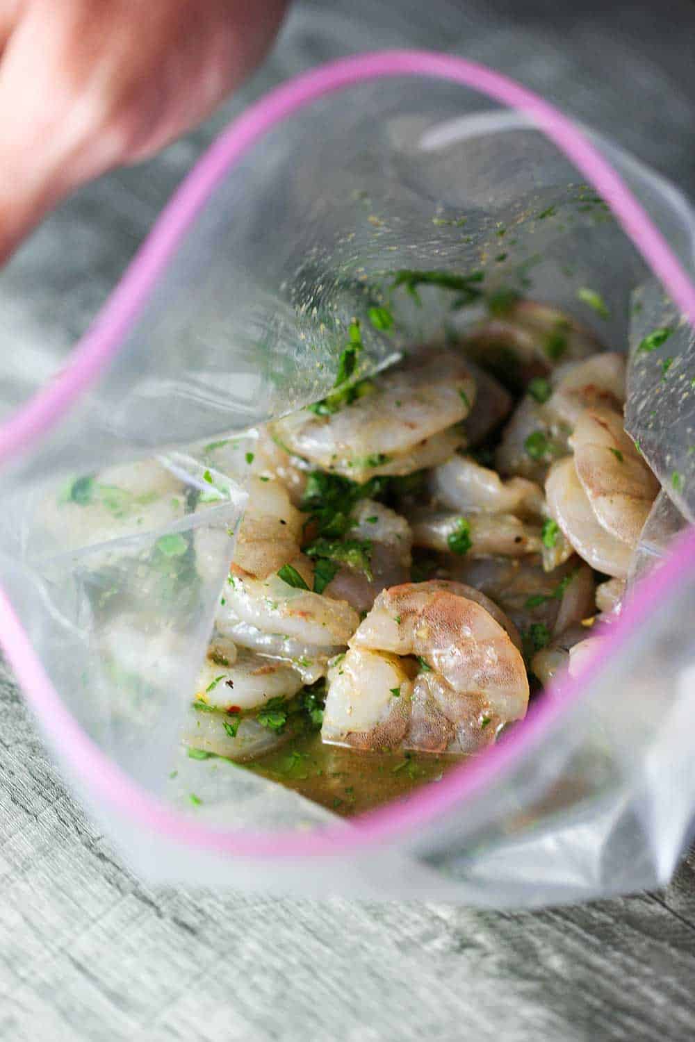 Place the cleaned shrimp into a large ziplock baggie and pour in some of the marinade. 