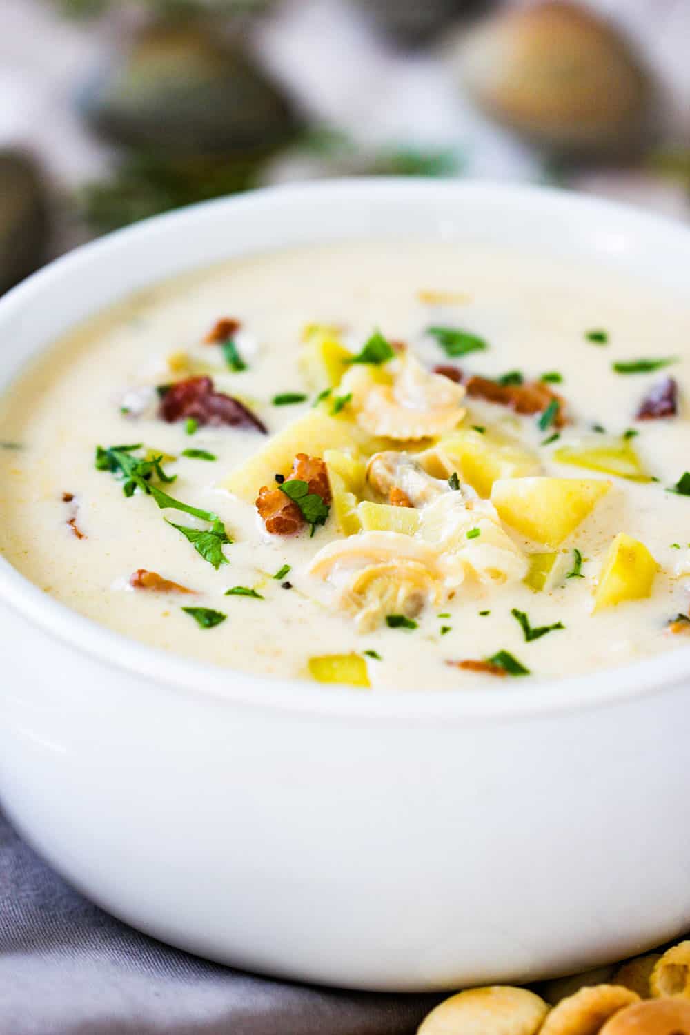 A close up view of a white bowl of New England Clam Chowder with fresh clams next to it. 