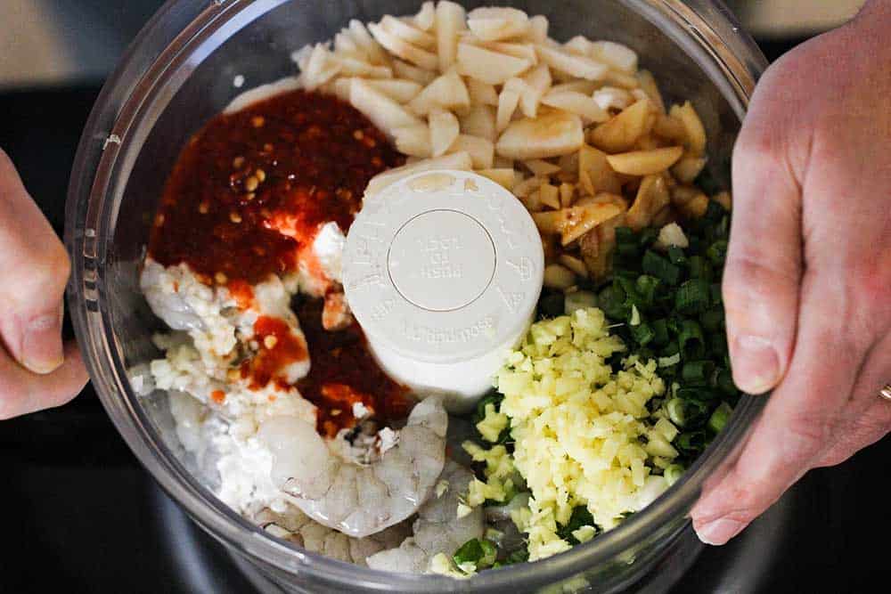 Two hands holding onto a large food processor filled with ingredients for fried shrimp balls. 