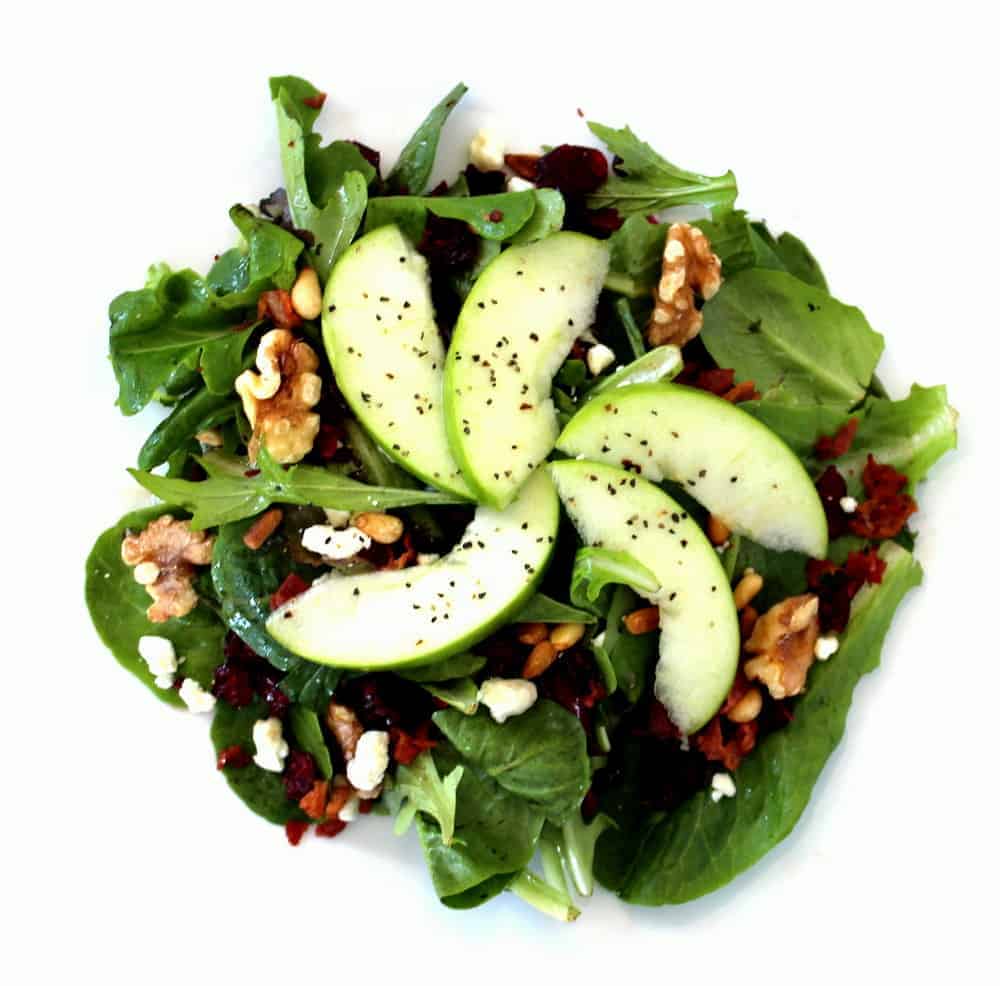 Mixed Green Salad with Gorgonzola, Walnuts, Apple, Cranberries and Pine Nuts