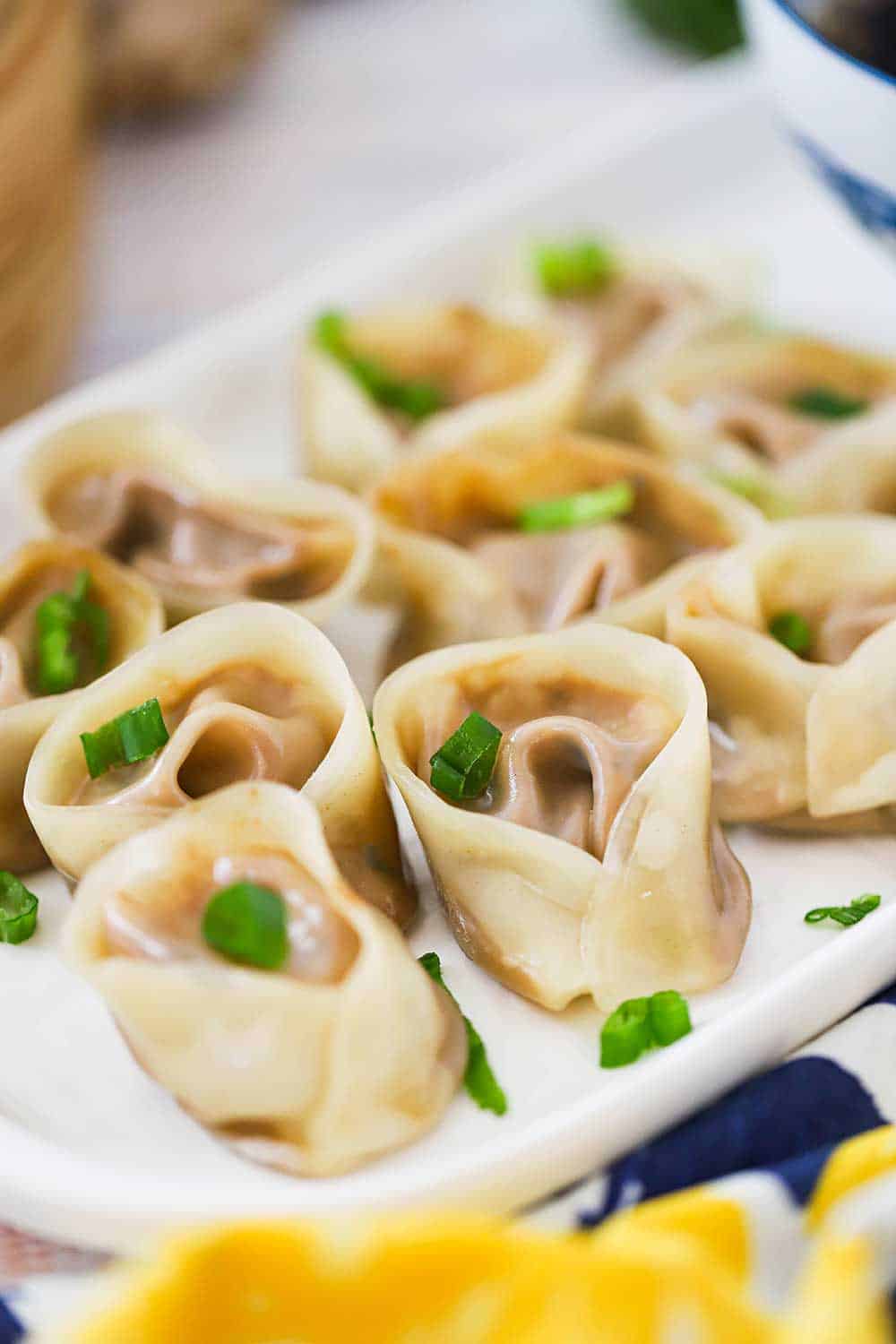 An oval white serving platter filled with vegetarian steamed dumplings sprinkled with chopped parsley. 