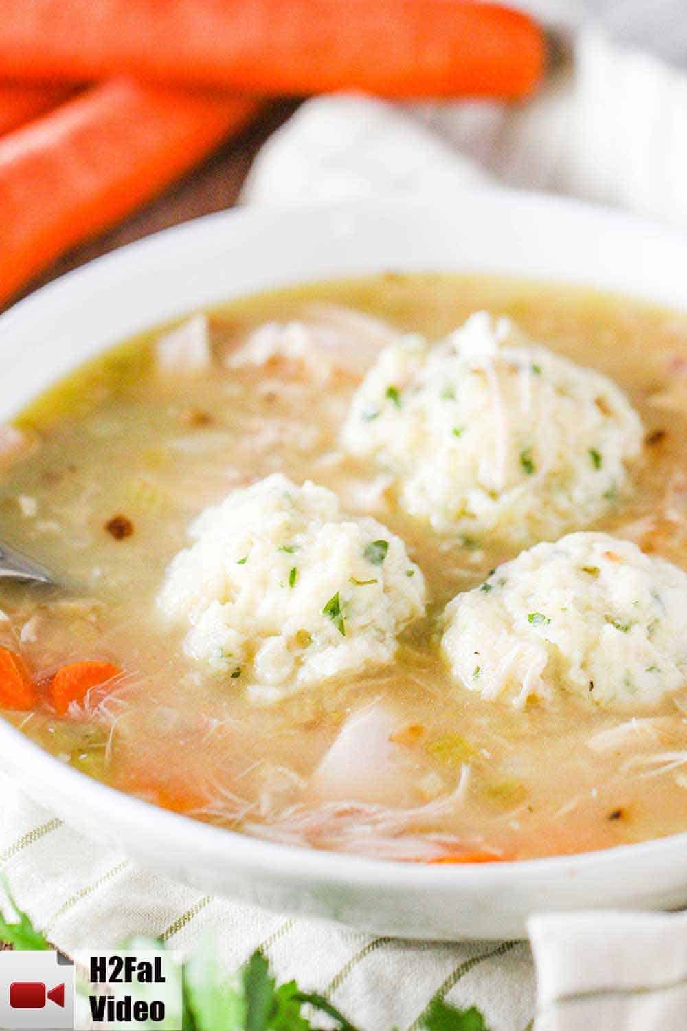 A white bowl of homemade chicken and dumplings.
