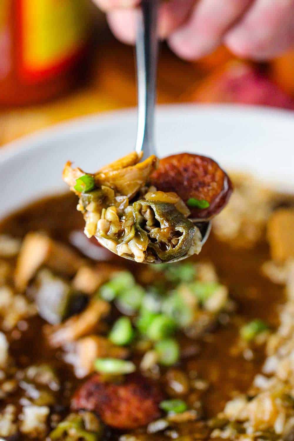 A hand holding a spoonful of gumbo over a bowl of the same. 
