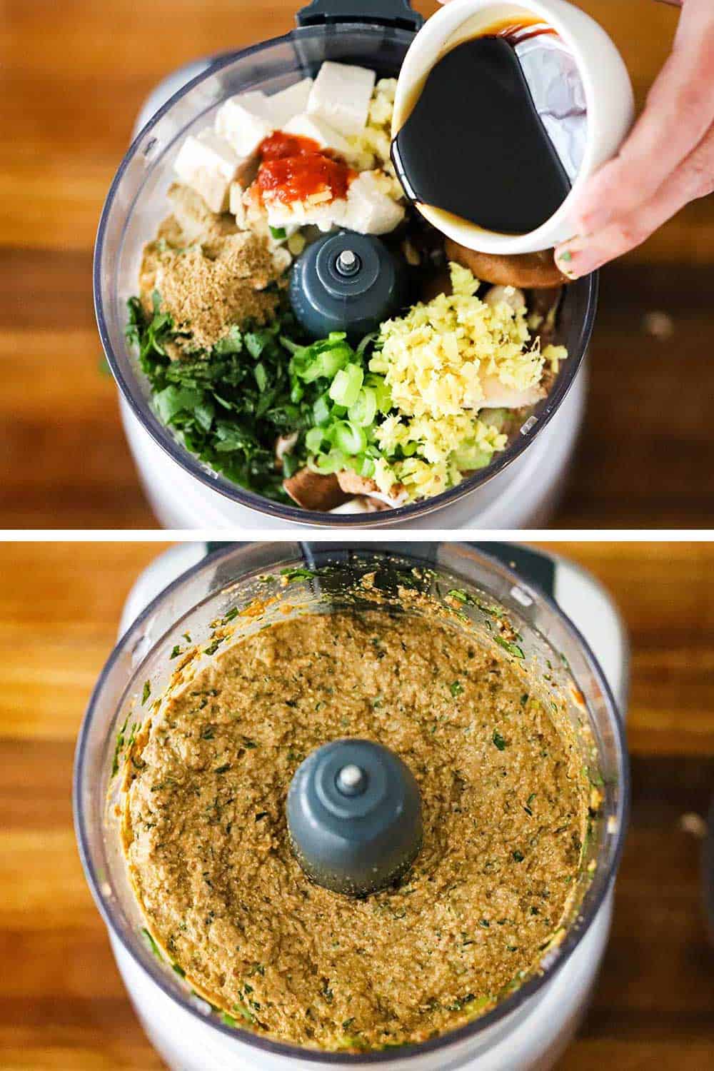 A person pouring soy sauce into a food processor filled with the ingredients for vegetarian steamed dumplings and then the food processor after the ingredients were puréed. 