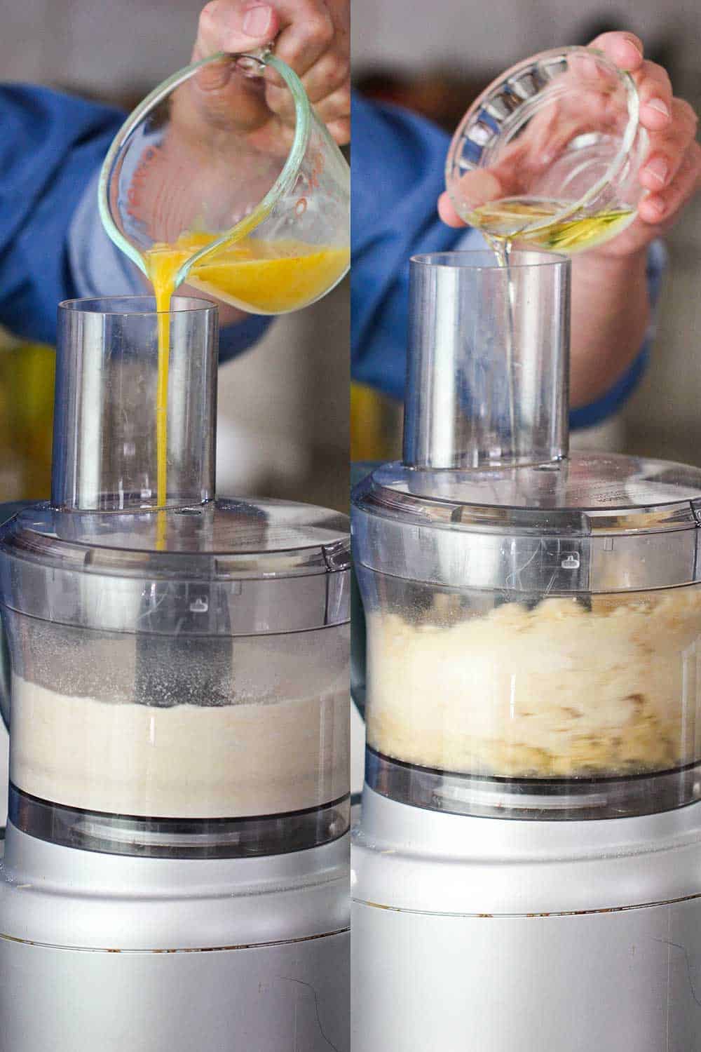 Two views of a food processor with eggs and then oil being poured into the bucket with flour. 