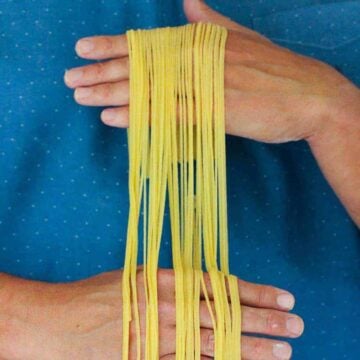 Two hands holding homemade pasta strands.