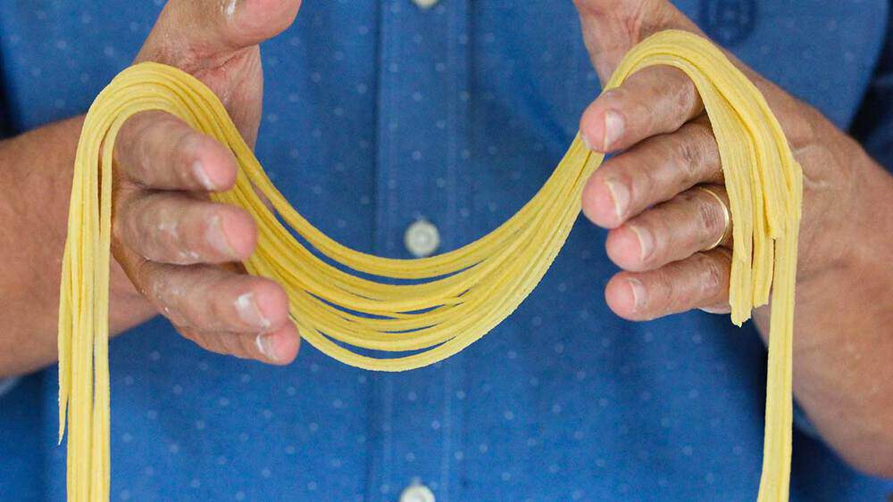 Two hands holding homemade pasta. 