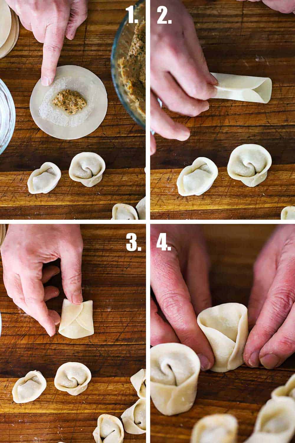 Four-step process of folding and sealing Chinese dumplings. 