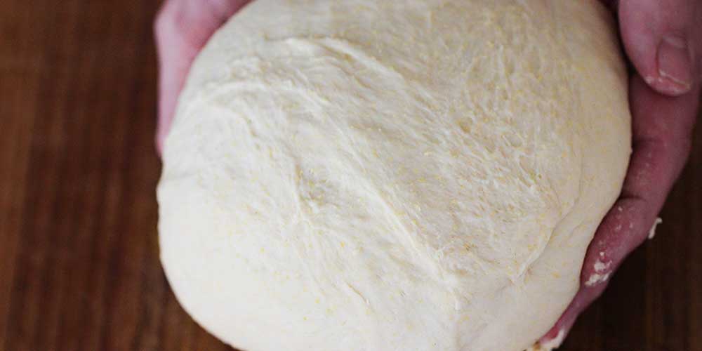 A ball of pizza dough held by two hands. 