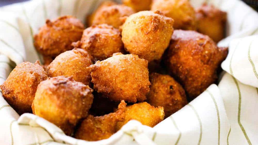 A basket of homemade Southern hush puppies.