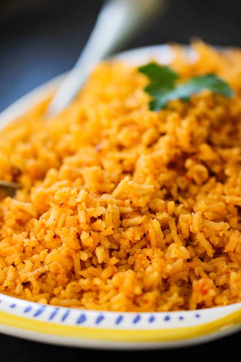 A close up view of a platter of Best-Ever Mexican Rice. 