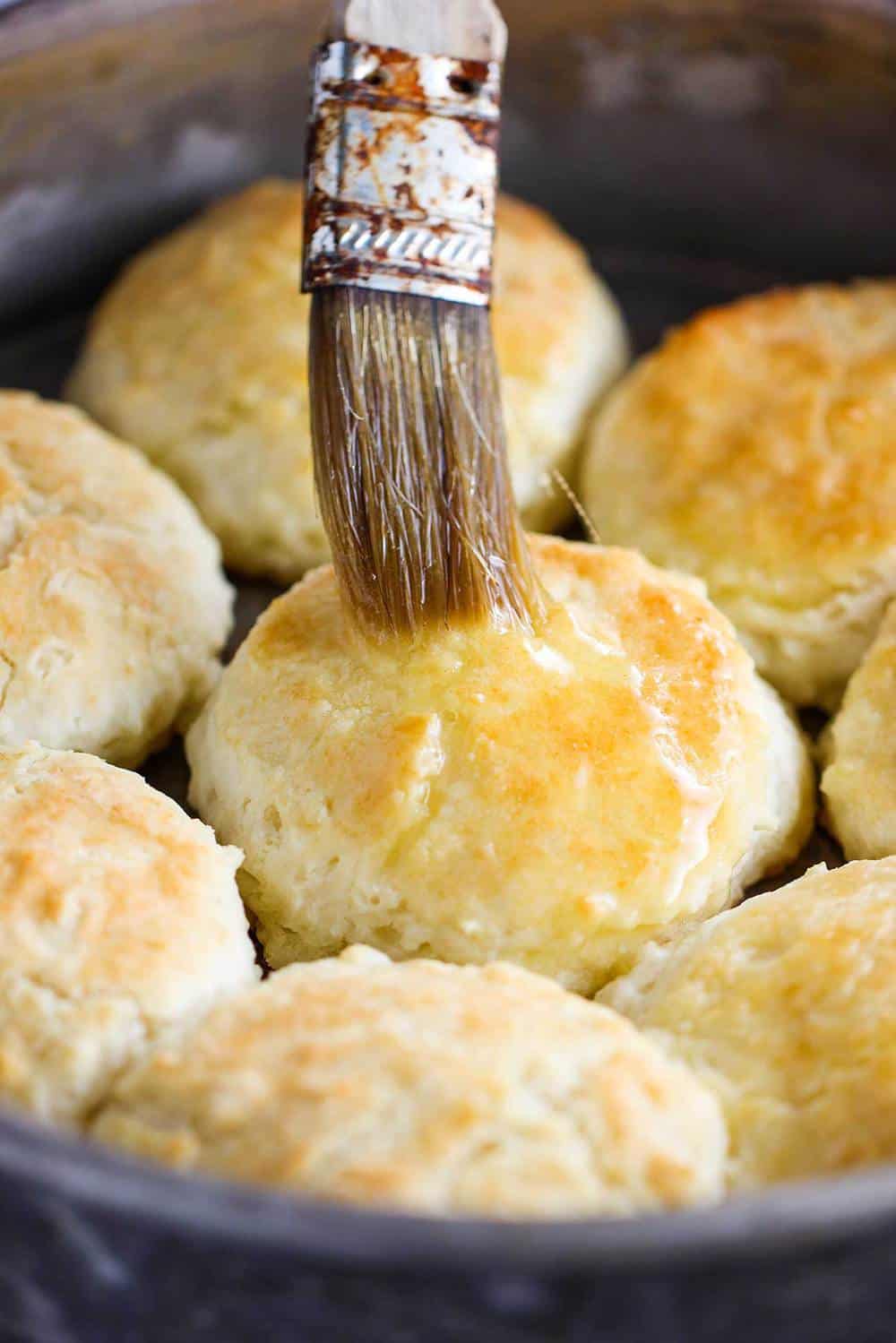 A brush brushing melted butter onto bake Southern biscuits