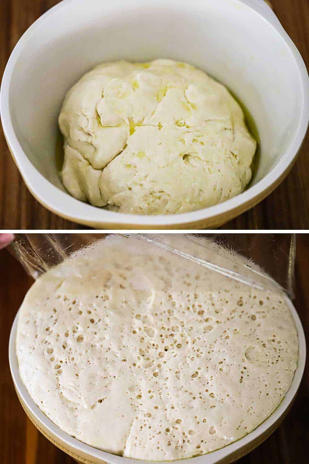 A bowl containing un-risen dough and then again after the dough has doubled in size. 