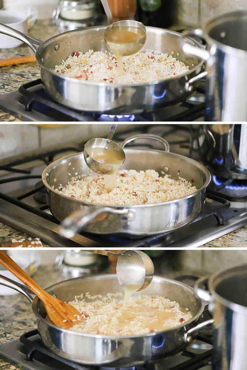 A large skillet filled with sautéd arborio rice with the broth being added, and then again with more broth being added, and then another cup of broth being added with the rice almost fully cooked and creamy in appearance. 