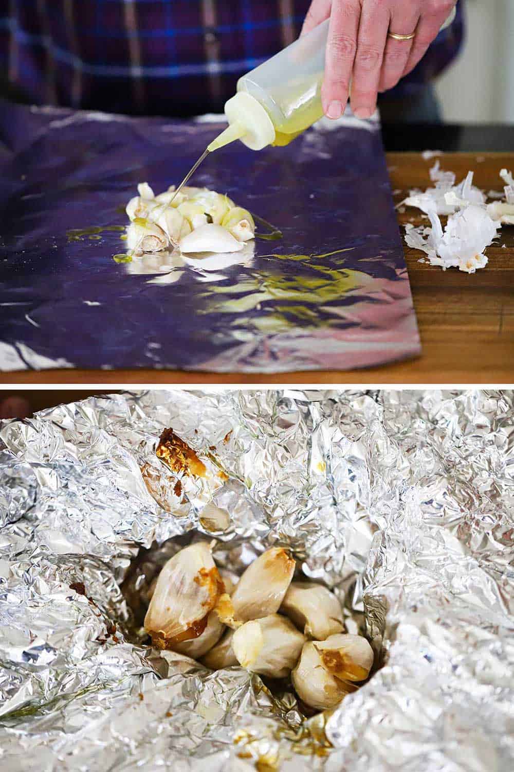 A person squirting olive oil onto garlic cloves on a piece of foil and then the same garlic after being roasted still on the foil. 