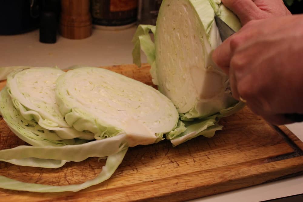Slicing the Napa cabbage for the Kimchi