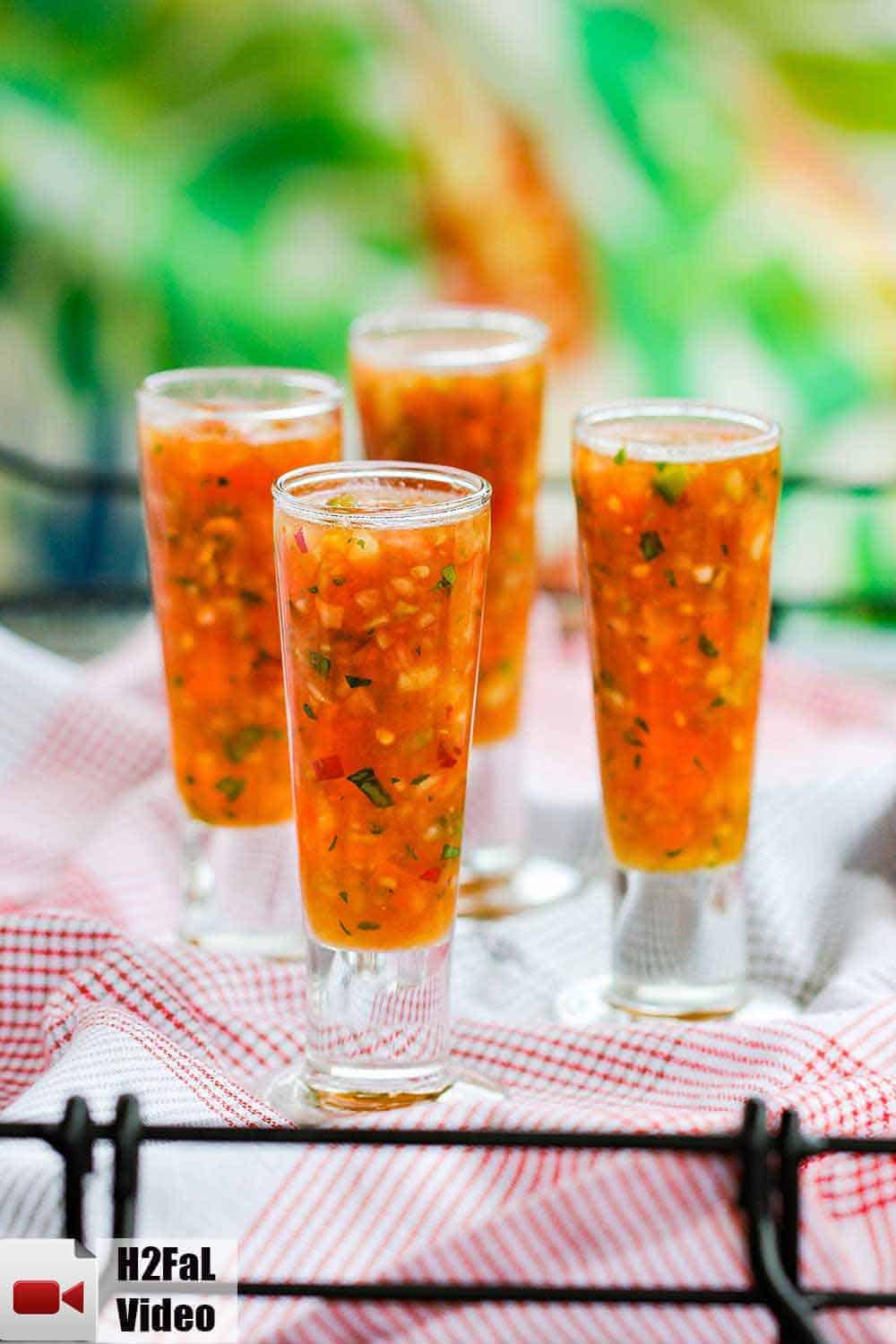 Pour classic gazpacho into chilled shot glasses for serving outside. 