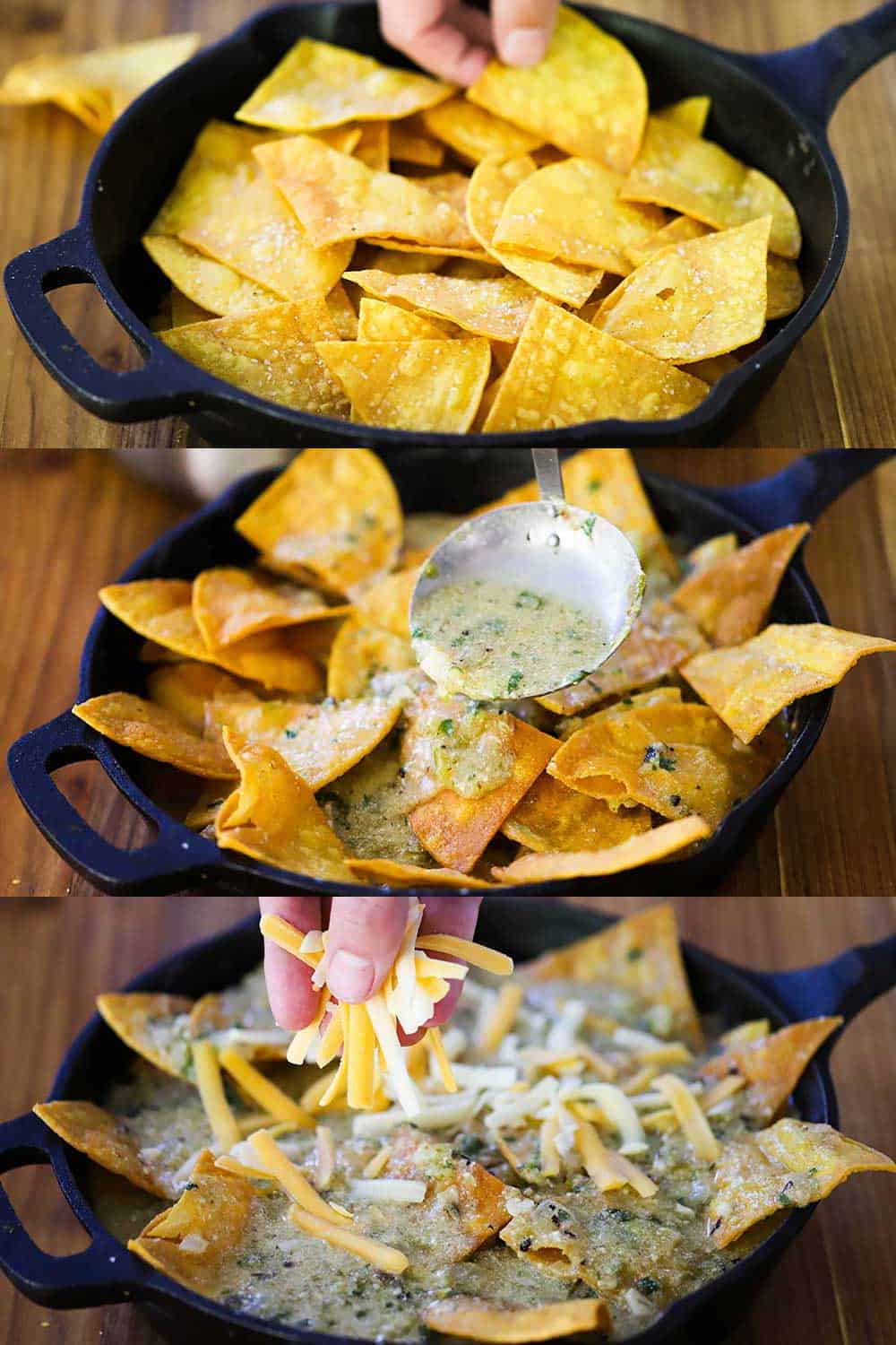 3 stacked images with the top being corn tortilla chips being place into a cast-iron skillet, next a shot of a green sauce being ladled over the chips and the last shot of cheese being sprinkled on top. 