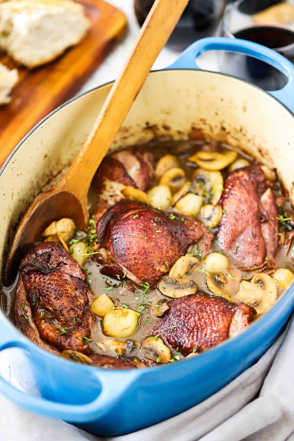 A view looking down into a large blue Dutch oven filled with Coq au Vin with a wooden spoon in the pot. 