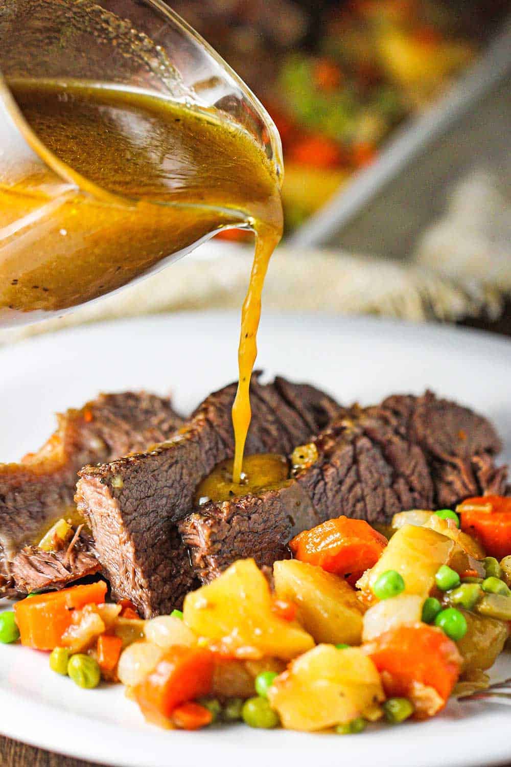 NEW: Slices of American pot roast and vegetables on a white plate