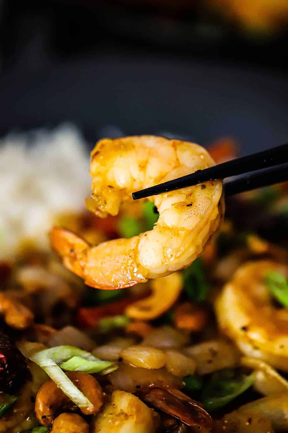 A large cooked shrimp being held up with a pair of chopsticks over a plate of Kung Pao Shrimp. 