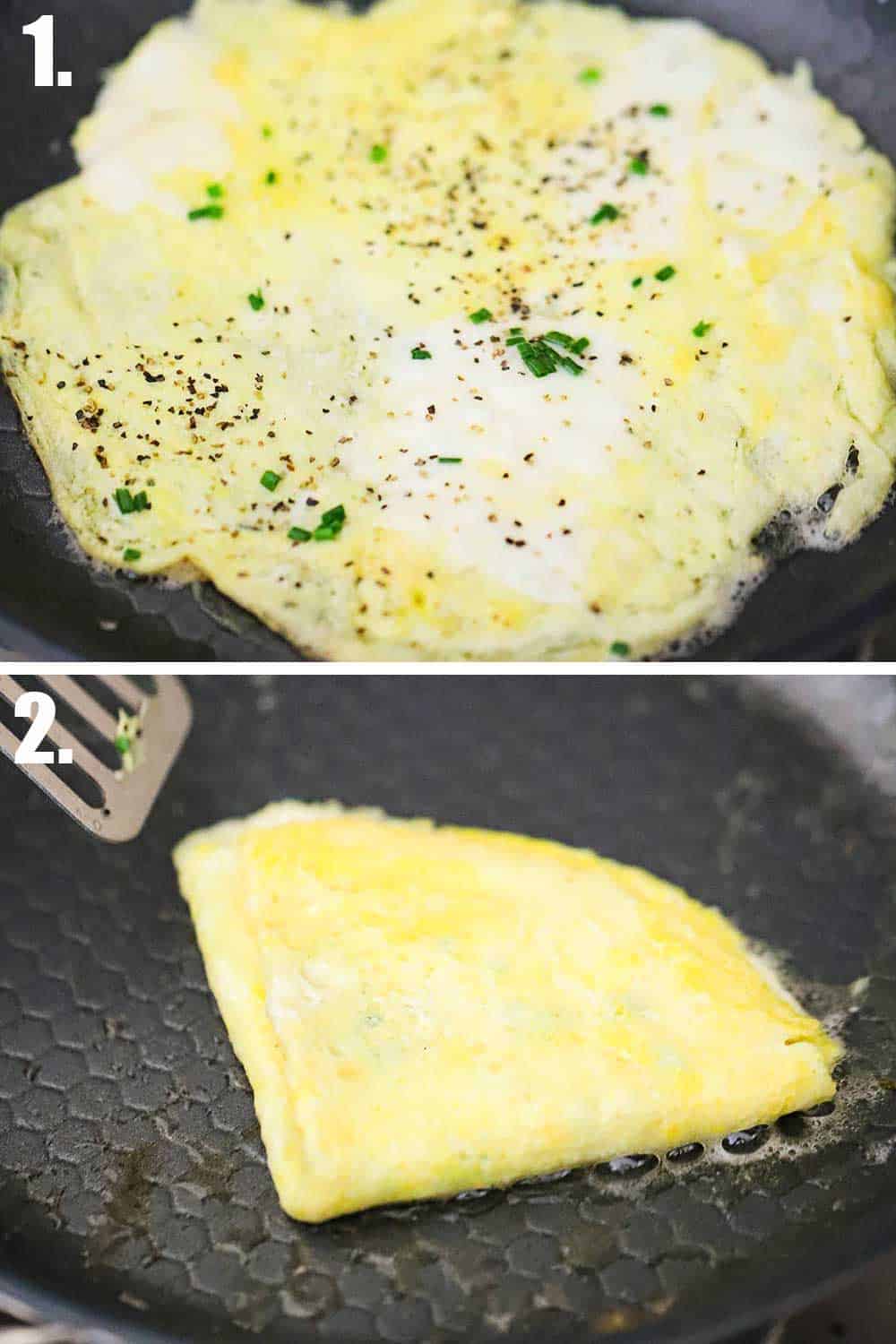 A skillet filled with a thin omlet and then a skillet with an omlet that's folded into a quarters. 