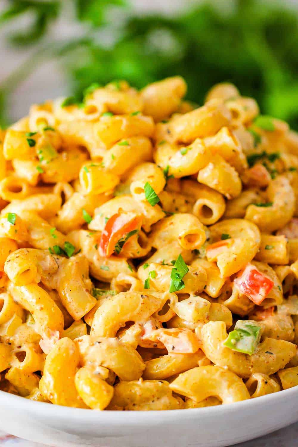 Sprinkle chopped parsley on top of the cajun pasta salad for garnish. 