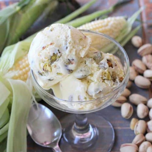 Sweet Corn and Pistachio Ice Cream in a glass bowl