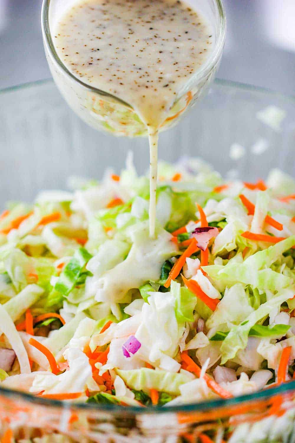 Pour the dressing onto the vegetables just before serving. 