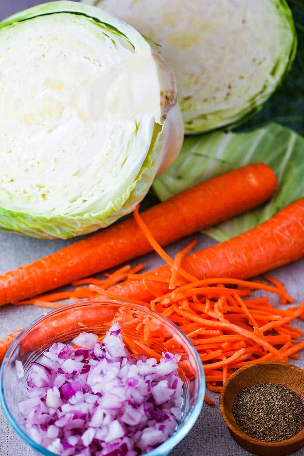 Green cabbage, shredded carrots and chopped onion for homemade coleslaw. 