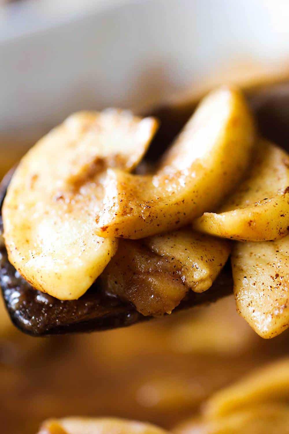 A close up view of baked cinnamon apples