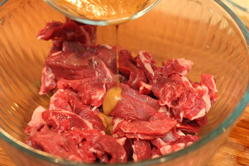 Pour the marinade over the steak and let sit for about an hour