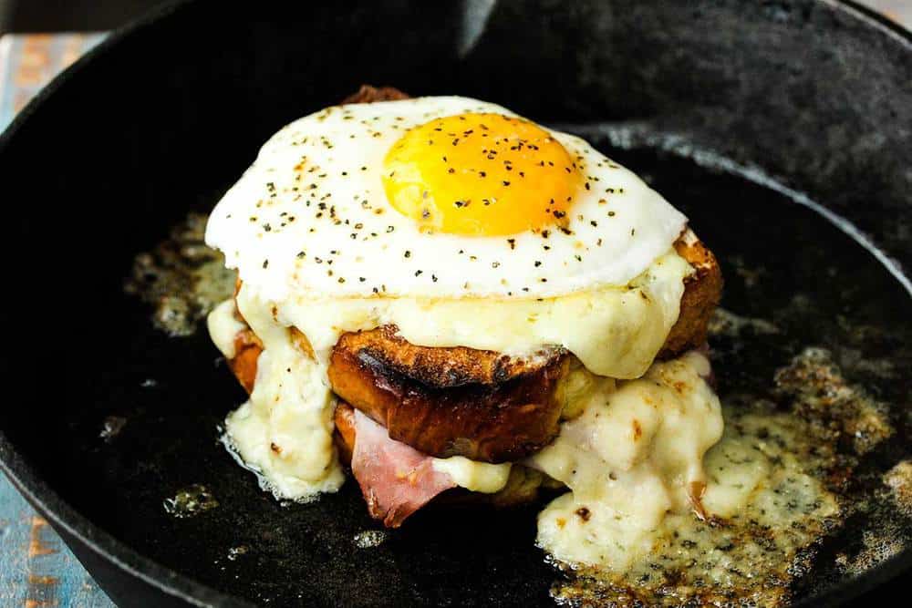 Croque Madame in a cast iron skillet