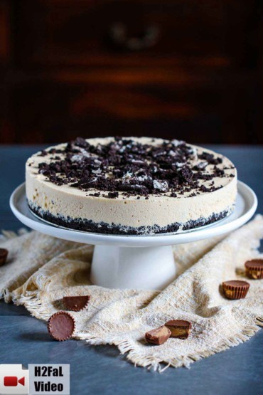 Serve Peanut butter cup ice cream cake on a white platter.