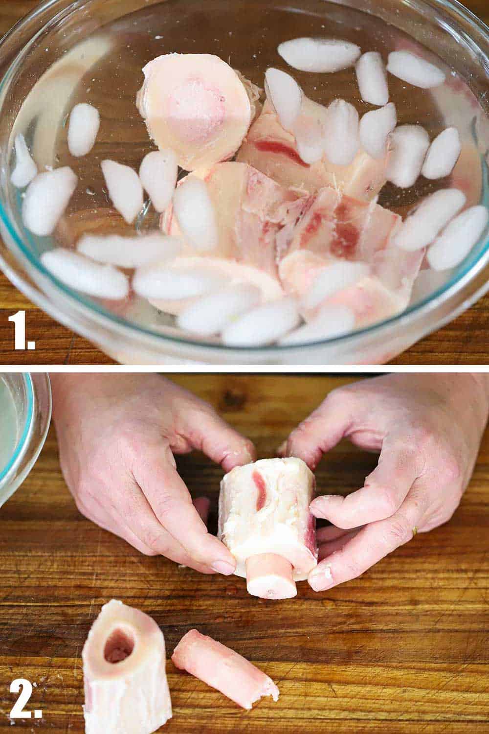 Several beef marrow bones sitting in a bowl of ice water and then two hands pushing the marrow from a bone shank. 