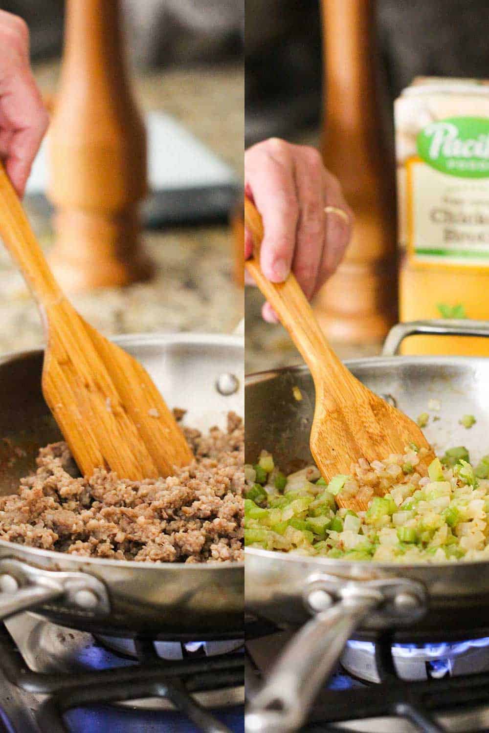 A skillet on the left with sausage being cooked and a skillet on the right with sautéed onions and celery. 