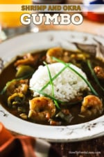 A white bowl filled with shrimp and okra gumbo.