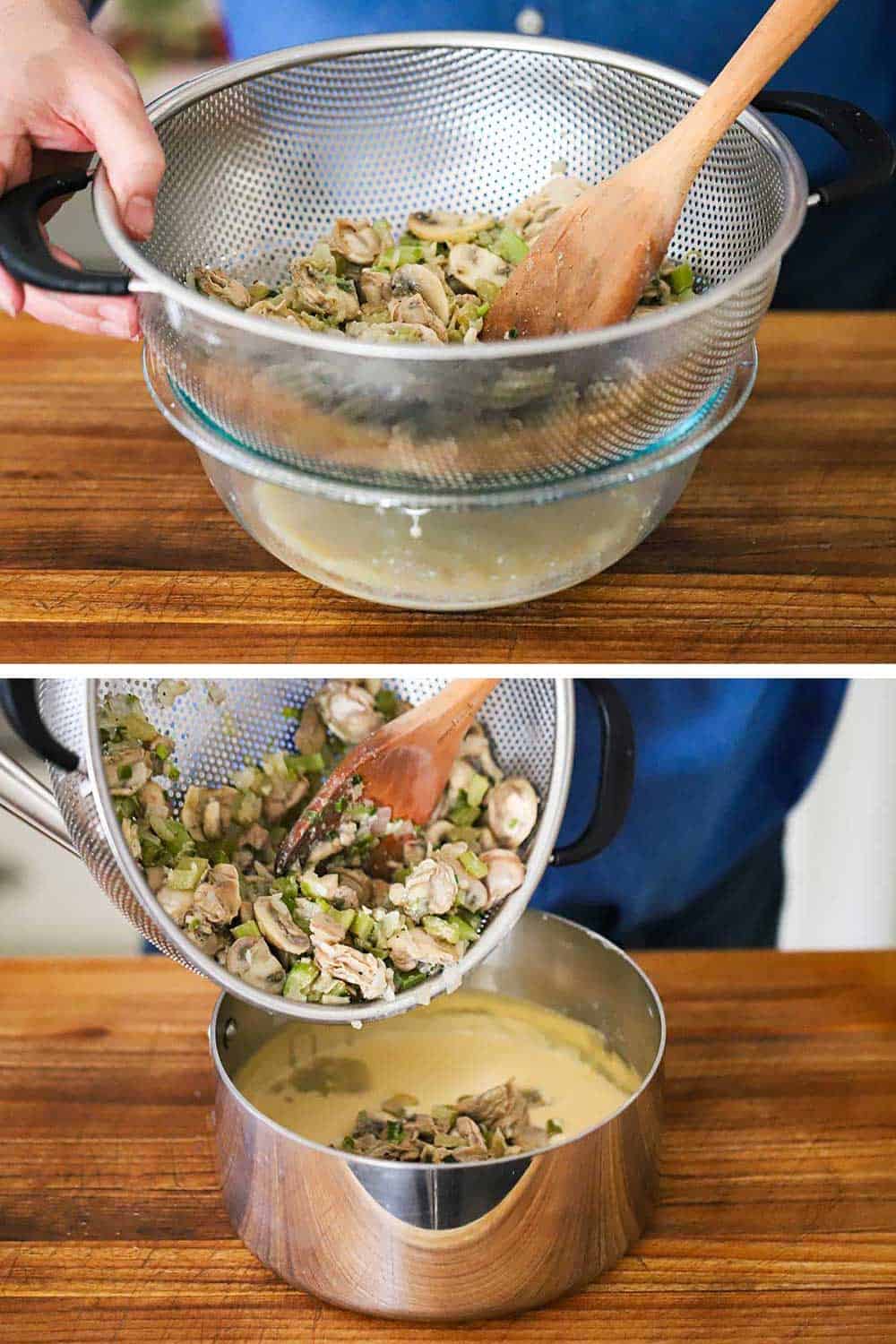 A person draining cooked oysters and mushrooms into a colander over a glass bowl and then transferring them into a saucepan filled with béchamel sauce. 