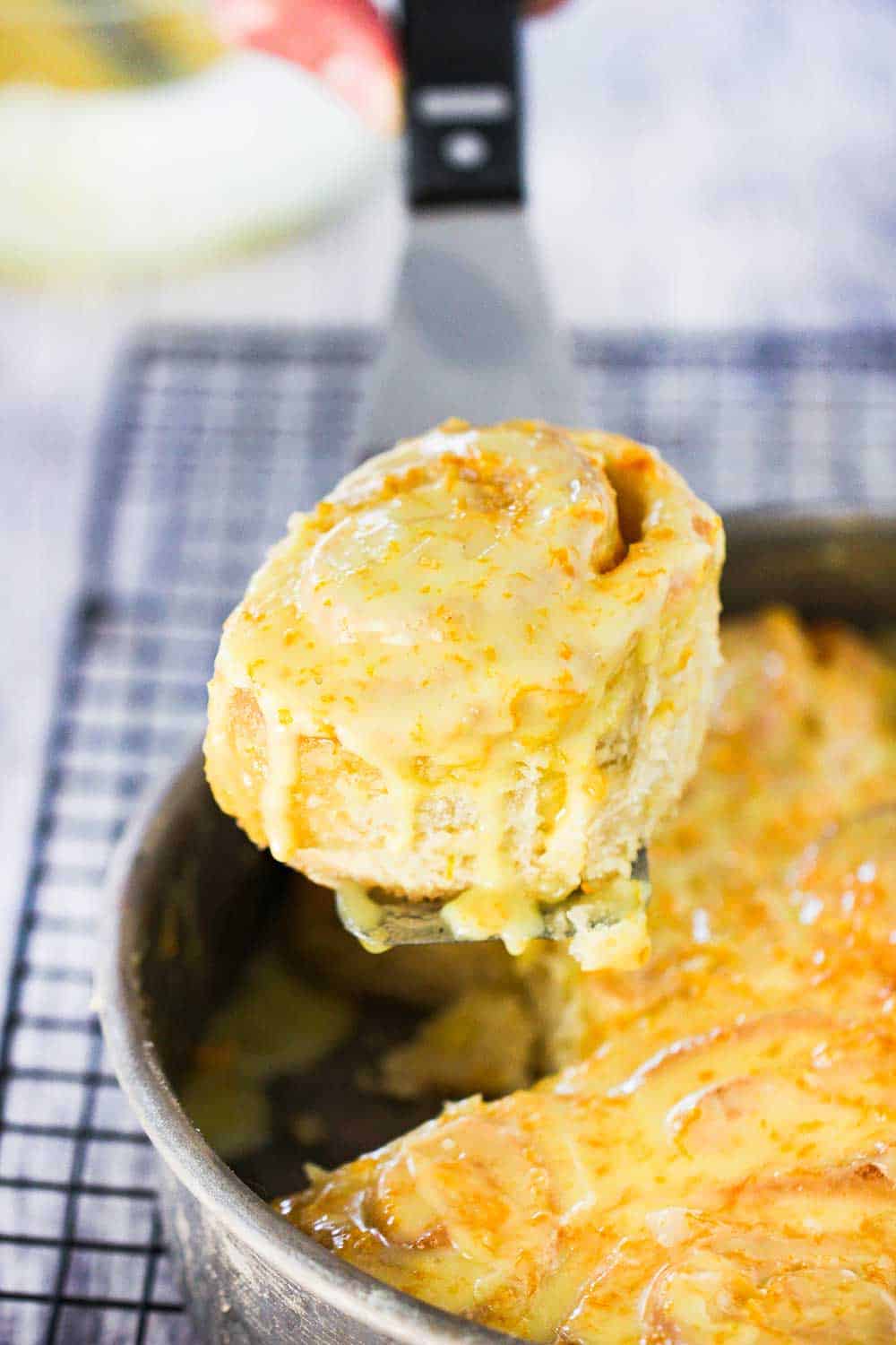 A spatula holding up a homemade orange sweet roll over a pan filled with other rolls.