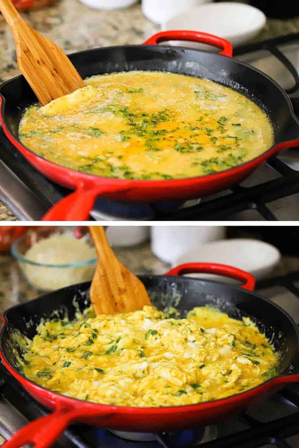 A large red skillet filled with lightly beaten eggs and chopped basil with a wooden spoon pushing the edges in, with the eggs starting to be scrambled. 