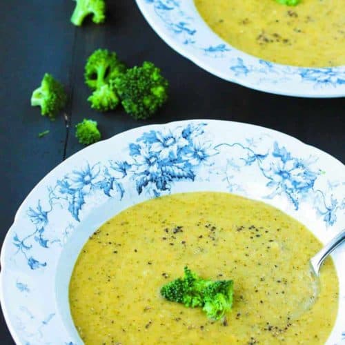 Two patterned bowls with Broccoli Cheddar Soup