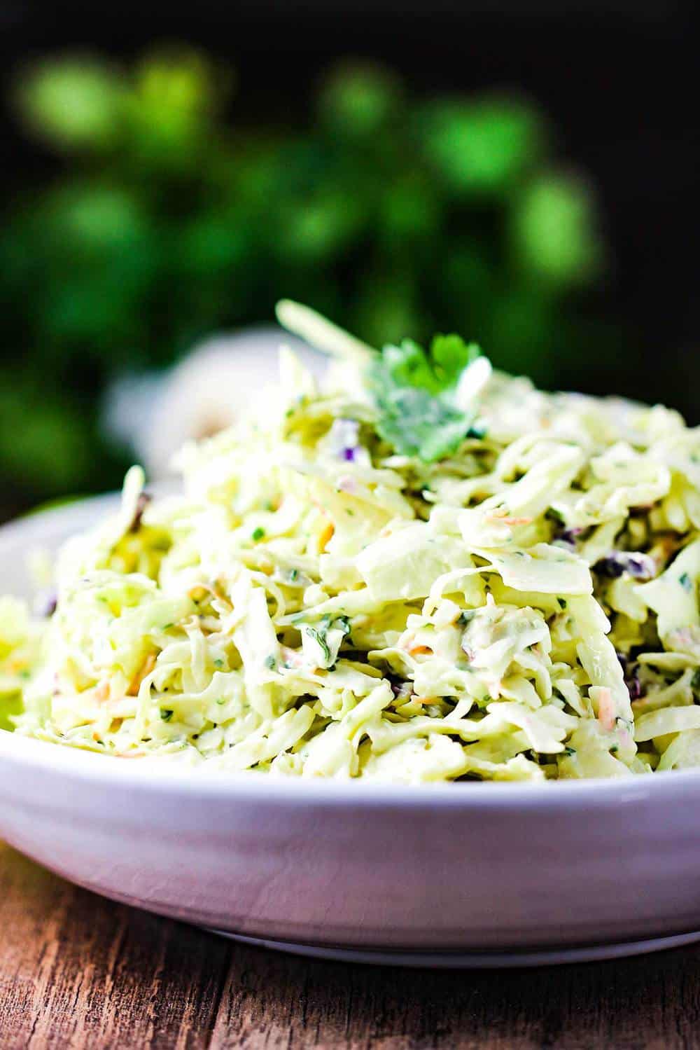 avocado lime slaw in a white bowl for mahi-mahi tacos