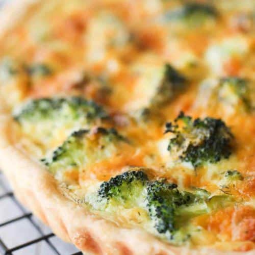 Broccoli and Cheddar Quiche on a cooling rack