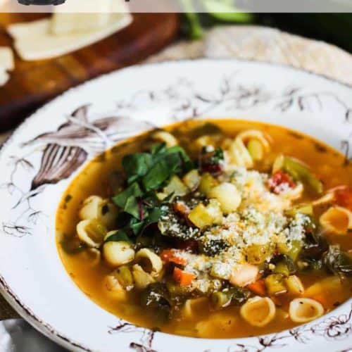 Instant Pot Minestrone in a white patterned bowl