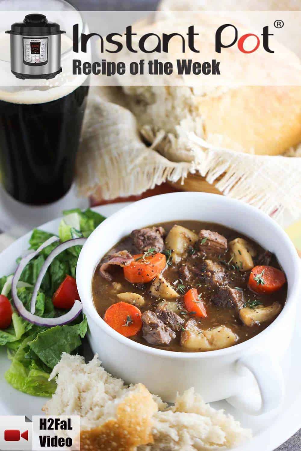 A white bowl of Instant Pot Irish Guinness Beef Stew on a plate with a beer next to it