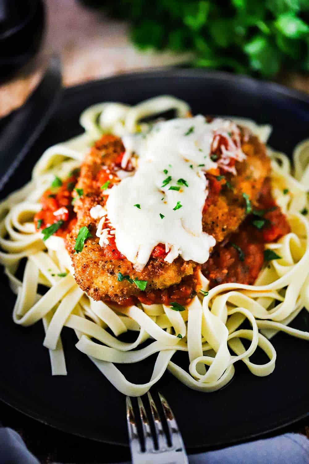 A black dinner plate filled with a pile of cooked fettuccine topped with a chicken parmesan cutlet topped with melted mozzarella cheese. 