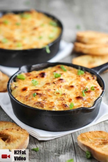 this is a baked jumbo crab au gratin in mini cast iron skillets