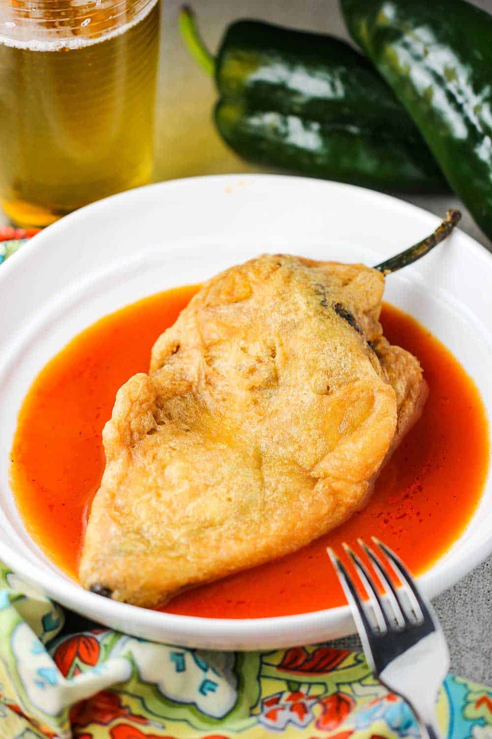 chile rellenos in a white bowl. 