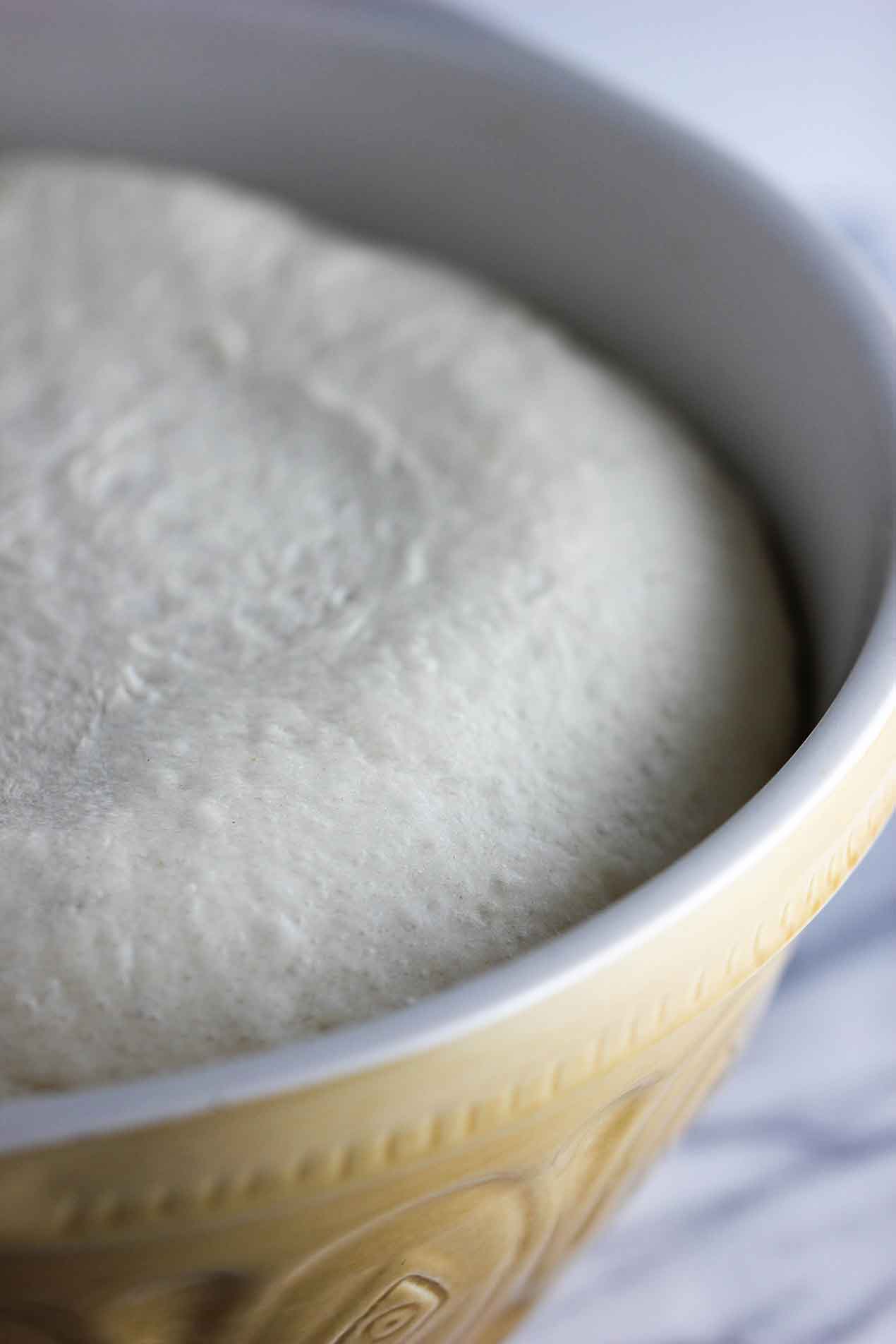 Dough proofing in a bowl for cheesy skillet rolls