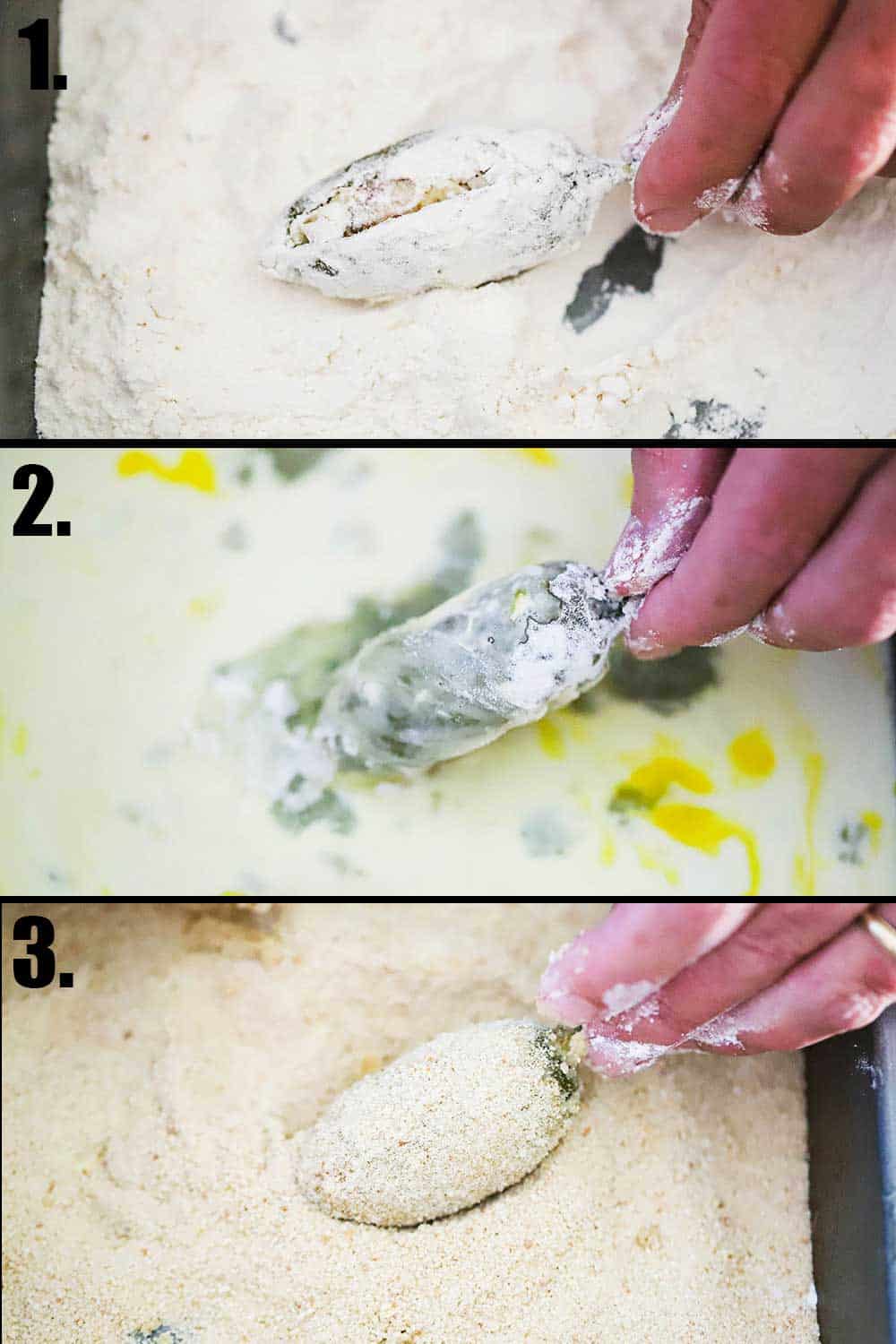 3 images, with the 1st a pepper in a pan of flour, next it being dipped in egg and the last it being rolled in breadcrumbs. 